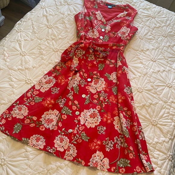 Jessica Howard Red Sleeveless Linen Floral Button Down Dress 6P - Picture 8 of 12